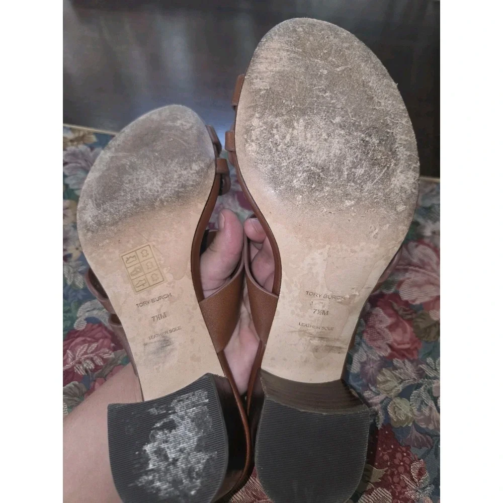 Tory Burch Sz 7.5 Brown Burnt Cuoio Tiny Miller Toe Ring Sandals 2.5